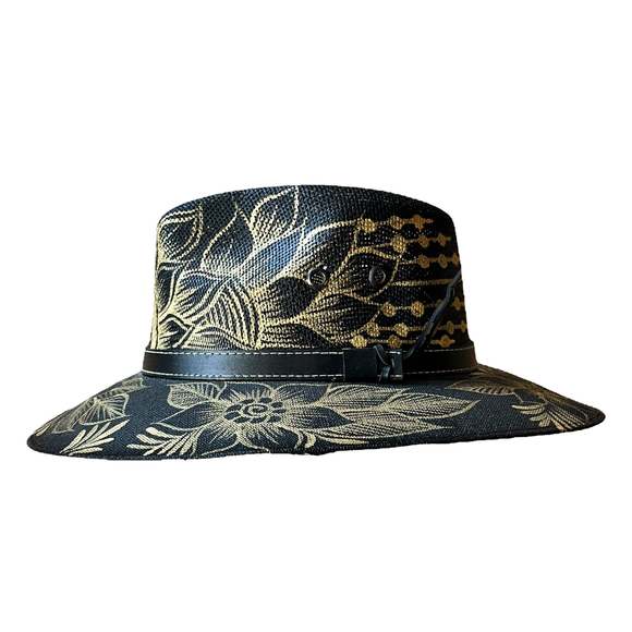 HAT MEXICAN Fiber Hand Painted Fedora Floral Sombrero Panama Bohemian Black Gold - Picture 12 of 12